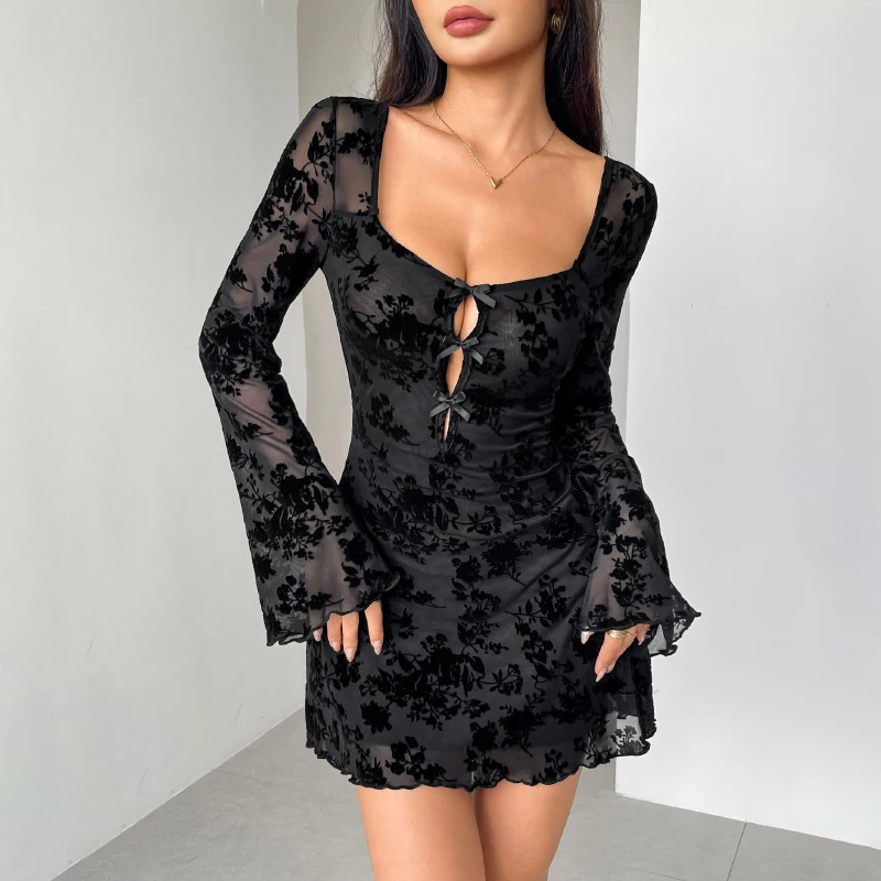 

Elegant Black Embroidery Square Collar Dress Women 2026 Spring Sexy Backless A Line Dresses Street Style High Waist Dress Female