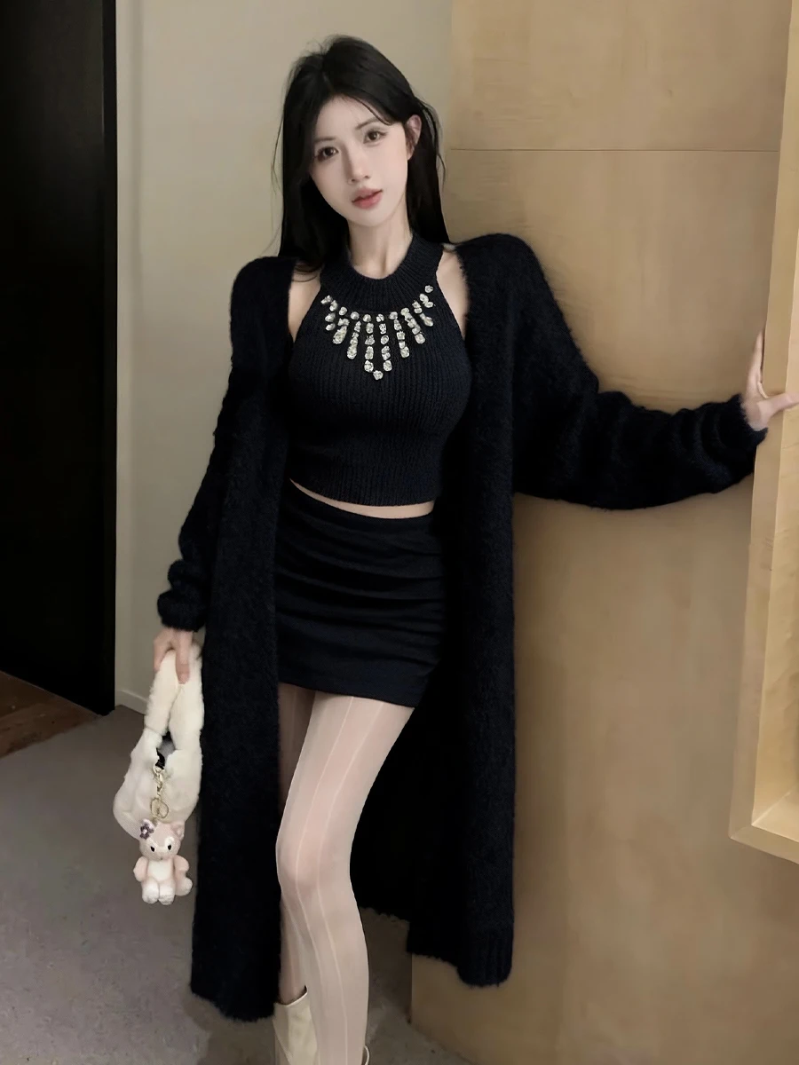 

Laid-ba Sle Свободный длинный вязаный свитер Пальто Алмазный висящий жилет или юбка Комплект из футболки Мочный и сексуальный