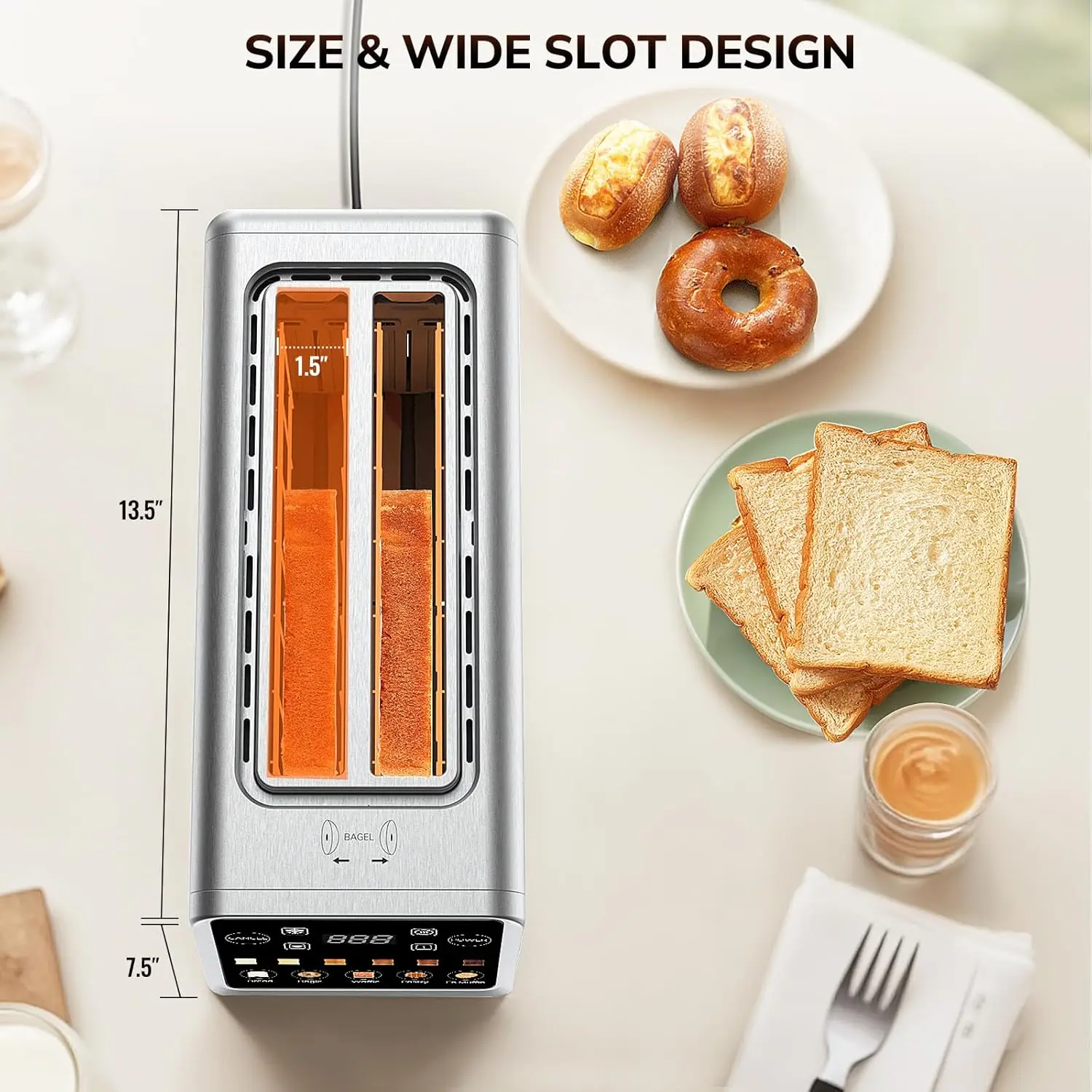 

Household 1400W Electric Digital Color Touch Screen 4 Slice Toaster Fast Heating Stainless Steel Extra Long Slot Smart Toaster