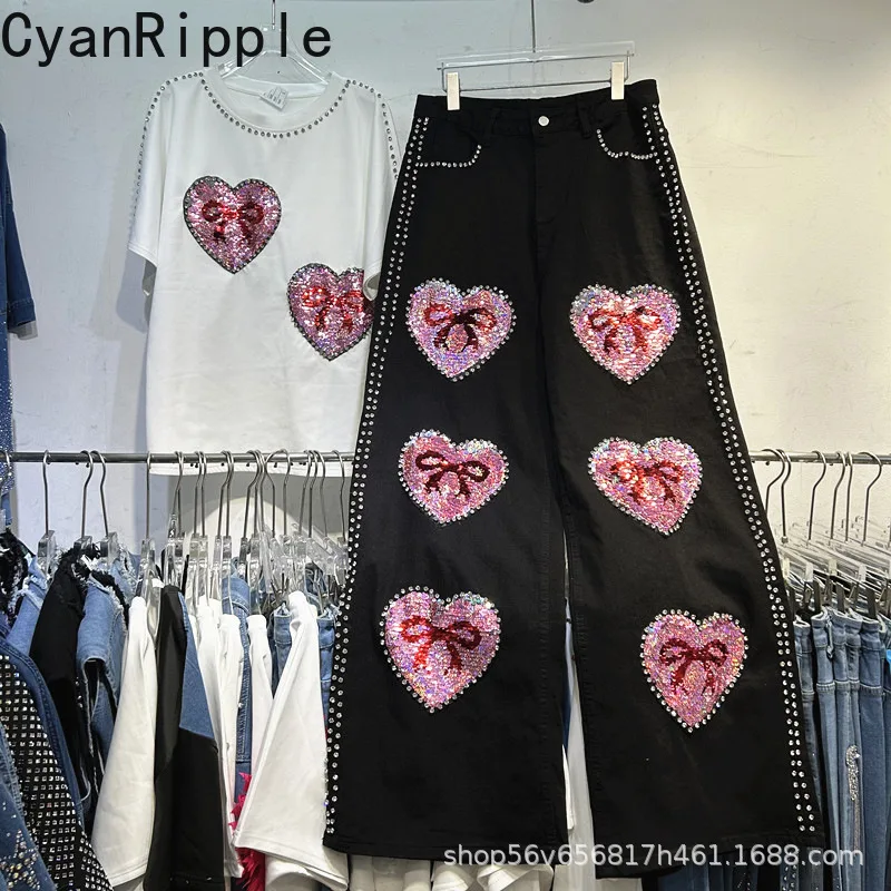 

Fashion Women Two-piece Sets Trendy Diamonds Love Sequins Loose Short Sleeve T-shirt Top + High Waist Black Straight Denim Pants