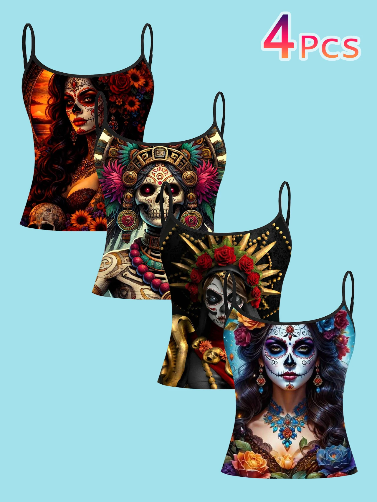 4-Piece Set of Day of the Dead Aztec Totem Sugar Skull Tank Tops for Women, Rose Floral Spaghetti Strap Slim Fit Halloween Undershirt