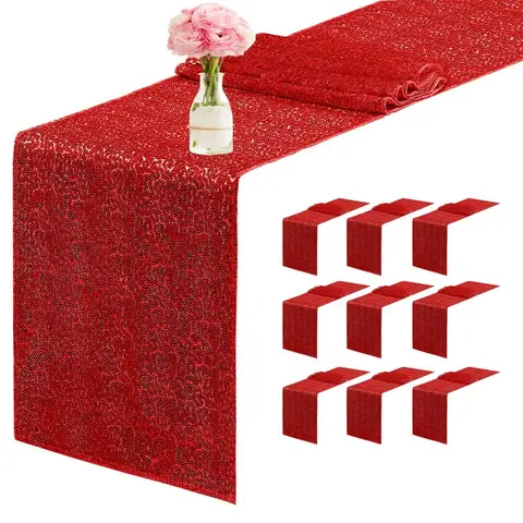 Packs 12 x 72 inches Sequin Table Runner, Red Glitter Table Runner for Birthday Party Supplies Wedding Engagement Baby Shower Ho