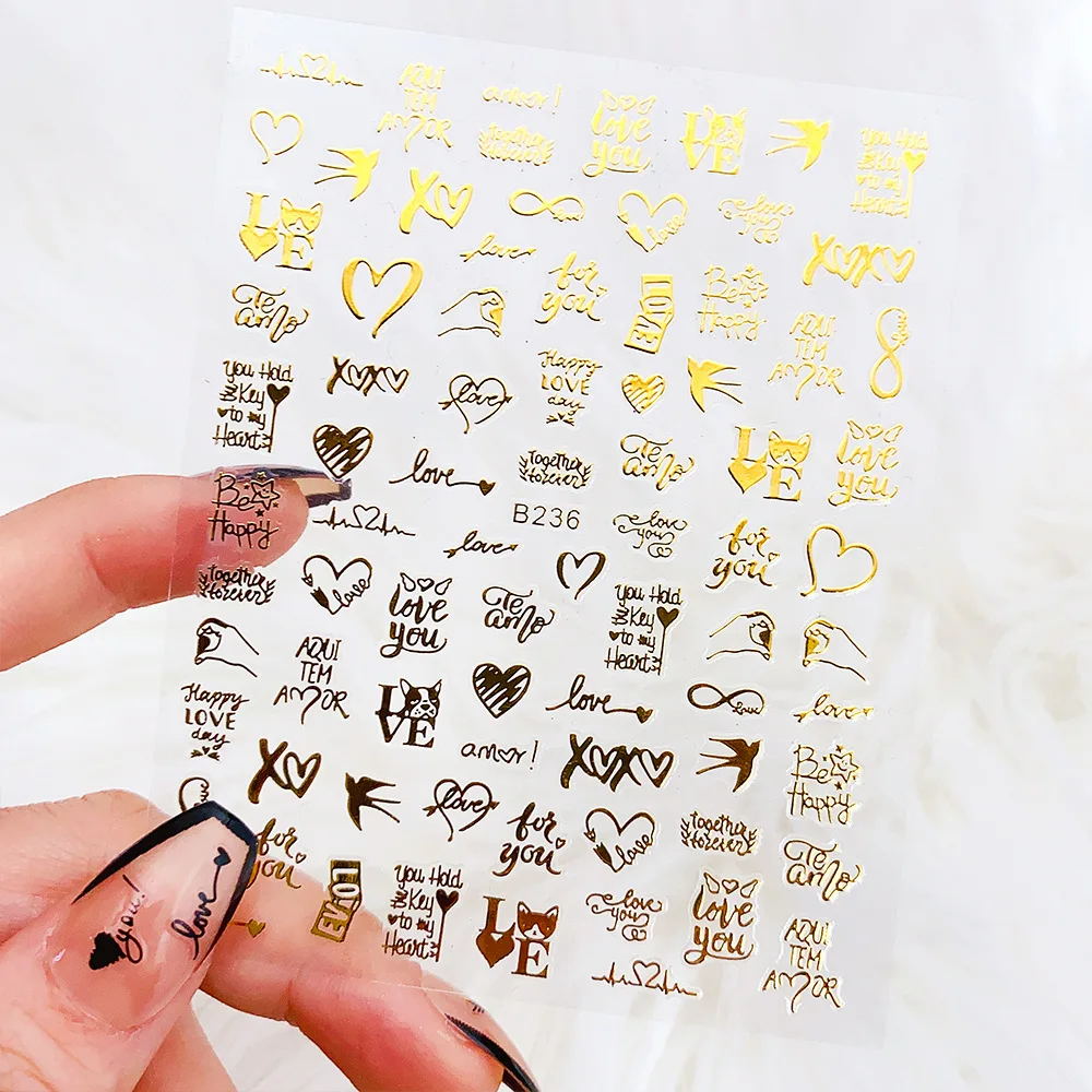 

Gothic Style Hot Selling laser Gold Heart-shaped letter Nail Patch With Solid Color lines And Nail Decoration Sticker