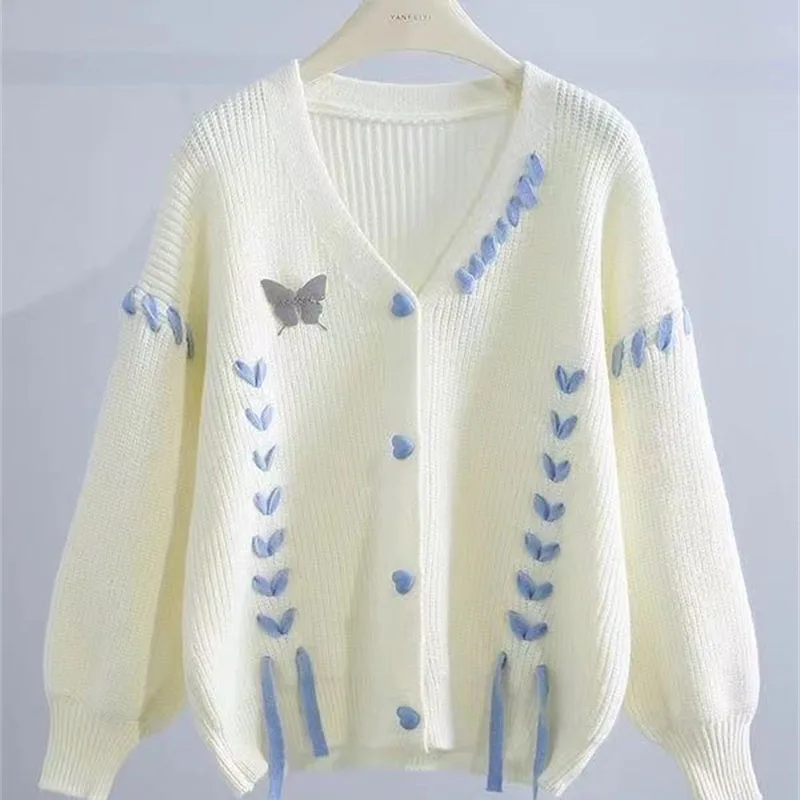 Femmes pull fille collège Style amour papillon sangle tricot Cardigan pull 2025 printemps automne hiver polyvalent veste tricots