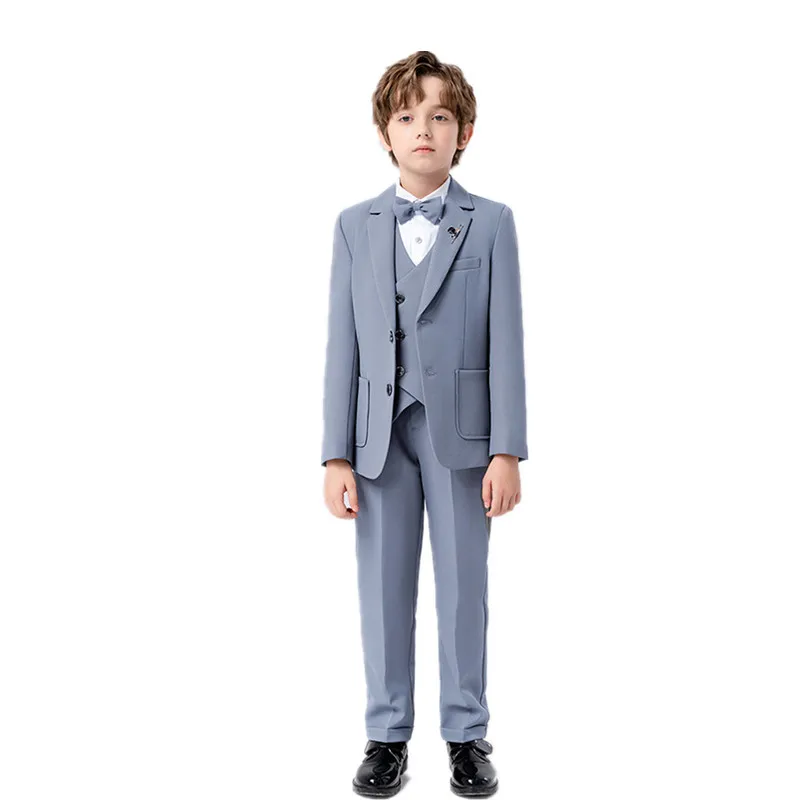 Gentleman Kids 5Pieces/Set Jacket Vest Pants Bowtie Brooch Wedding Birthday Party Dress Boys Blazer Suit Piano Host Performance