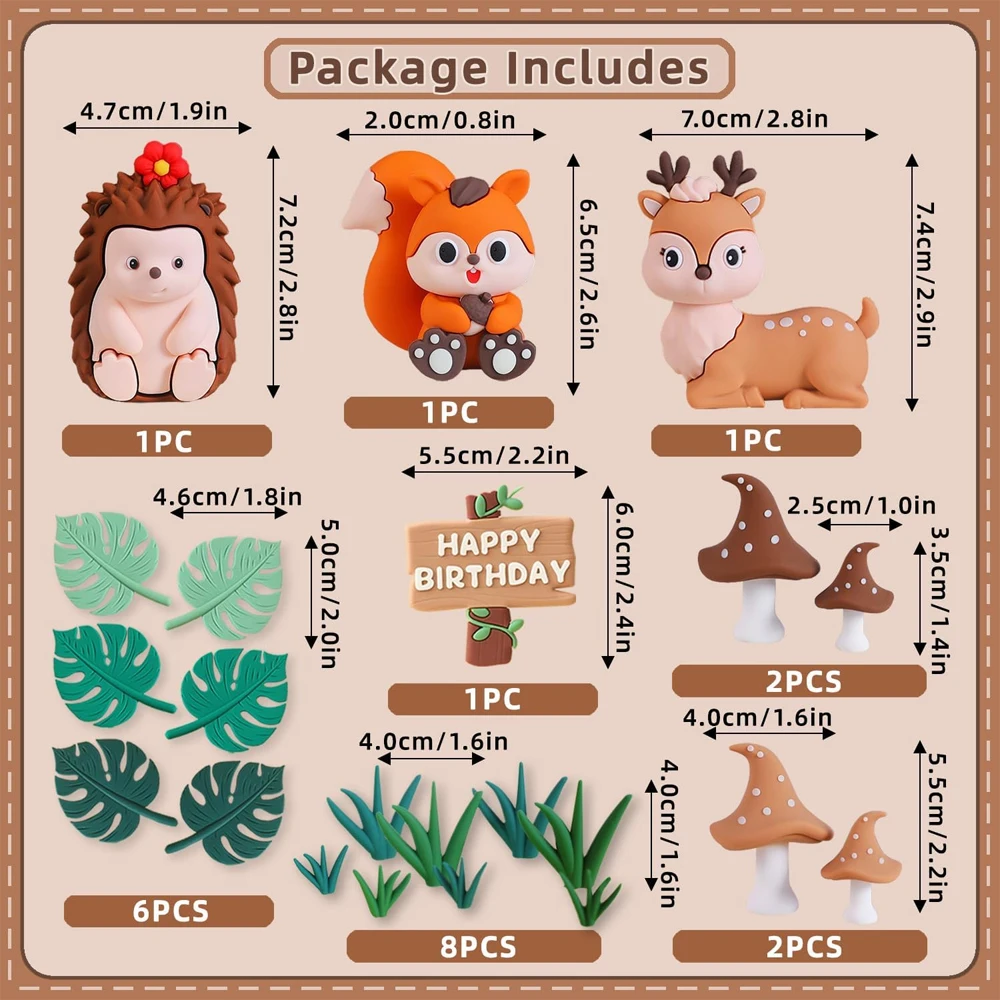22Pcs Forest Animals Cake Cake Squirrel Hedgehog Deer Turtle Leaf Mushroom Cake Decoration for Safari Birthday Baby Shower Decor