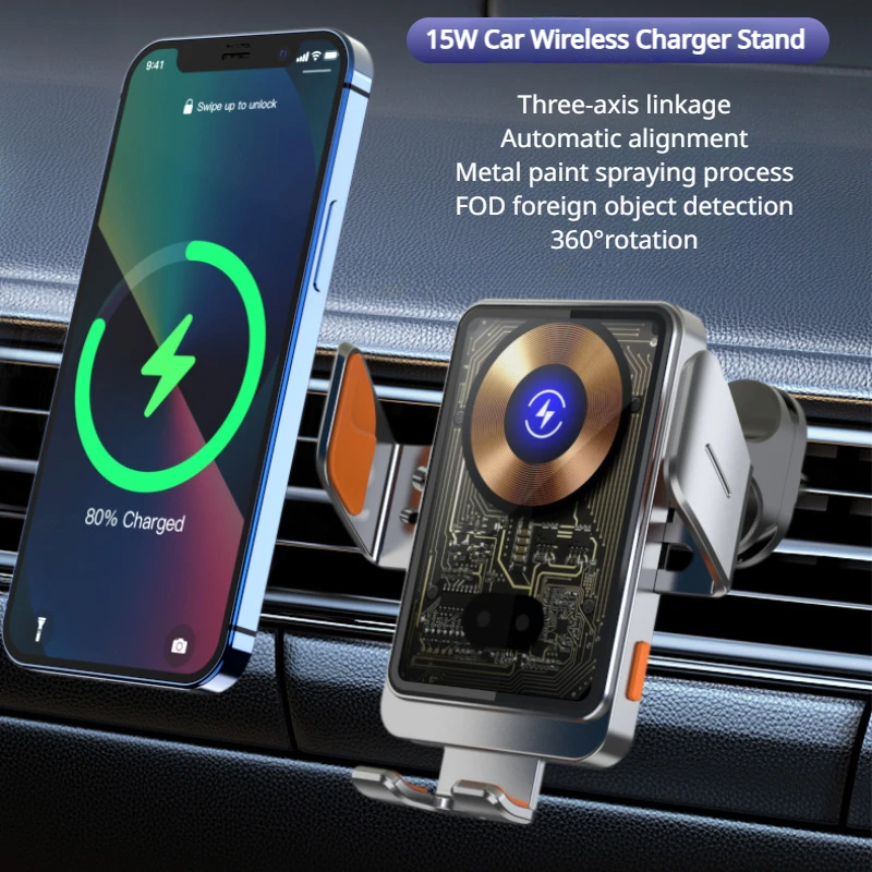 

Hipacool 15W Fast Charger Car Phone Holder 3-axis Linkage Automatic Induction Coil Air Vents Car Wireless Charging Phone Holder