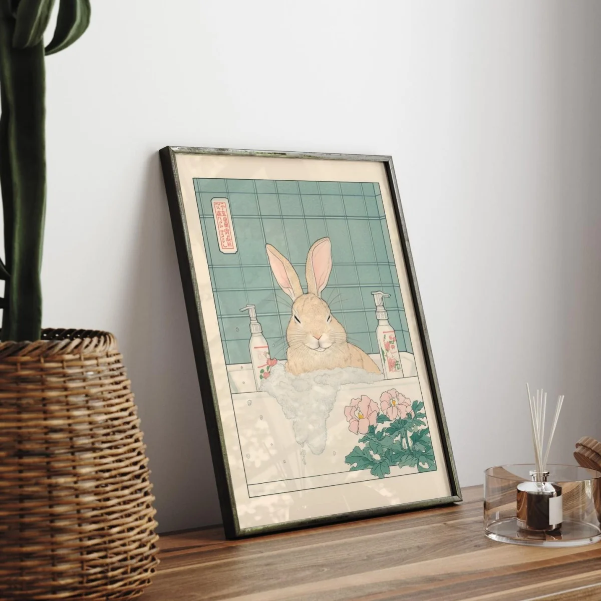 Japanese Ukiyo-e Bunny Canvas Print Poster Funny Rabbit in Bathtub Animal Art Prints Nursery Wall Art Home Decor Easter Gifts