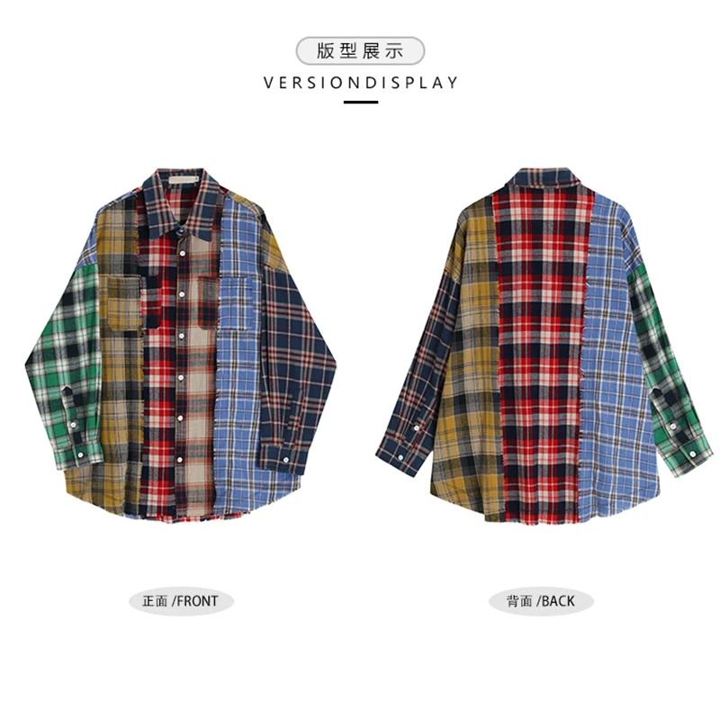 Women Patchwork Plaid Shirts and Blouses Y2k Vintage Korean Harajuku Fashion 90s Elegant Long Sleeve Polo-Neck Shirt Top Clothes