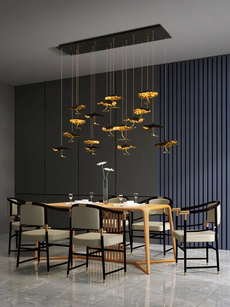 LED Copper Black Gold Lotus Chandelier - Multiple Heads Villa Staircase Lighting Fixture Indoor Hanging Lamp for Home