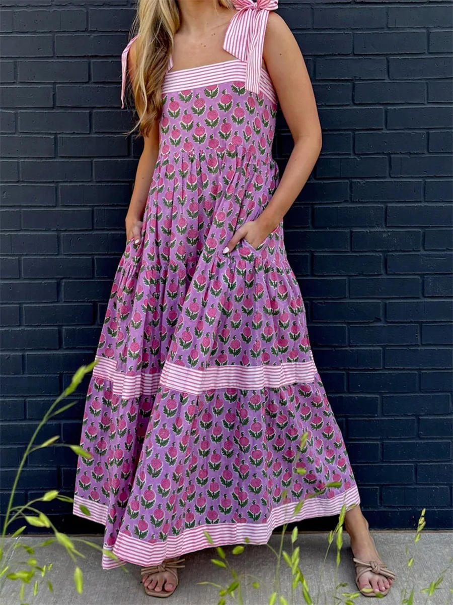 Abito casual senza maniche alla moda estiva Abito lungo da donna Abito con spalline allacciate a righe con stampa floreale