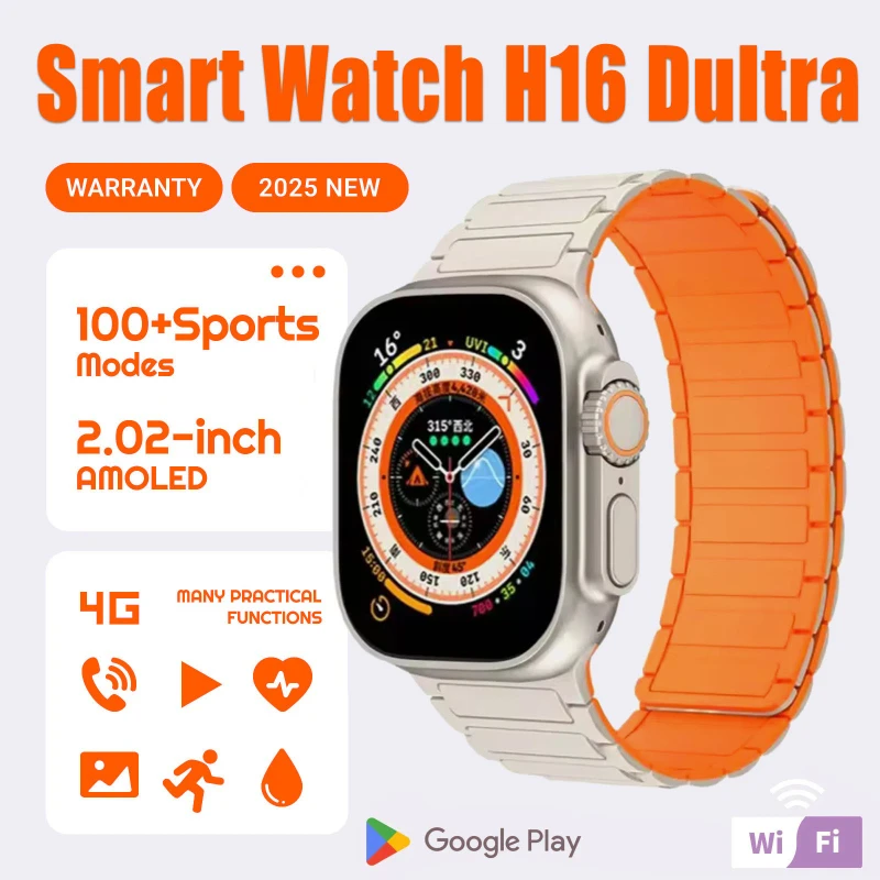 

Смарт-часы Dultra 2025 H16, 4 ГБ ОЗУ, AI-робот-помощник, совместное использование сети 5G, AMOLED NFC GPS для телефонов iOS Android