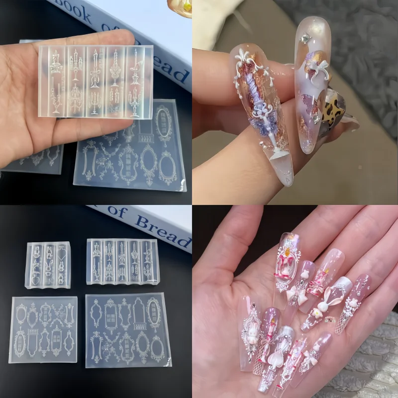 1pcs/4-piece Combination Candle Holder, Bow, Hand Drawn Photo Frame, Bunny Pattern, 3D Nail Art DIY Transparent Silicone Mold