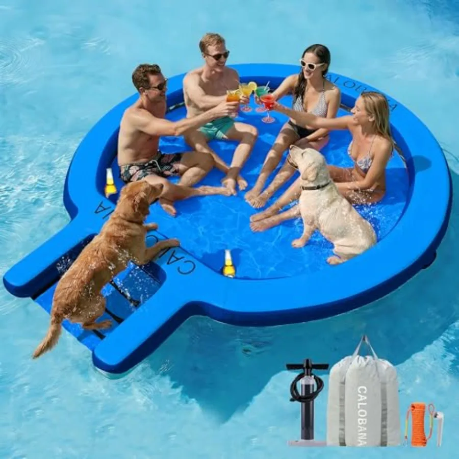 

Water Hammock with Ramp: Inflatable Round Floating Ring for Adults Pets Heavy-Duty PVC Blue Floating Dock with Dog Ramp Cup Hol