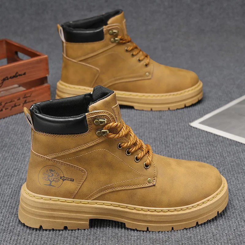 New High Quality Men's Leather Boots Trend Men's Motorcycle Boot Outdoor Non Slip Work Boots Comfortable Platform High-Top Boots
