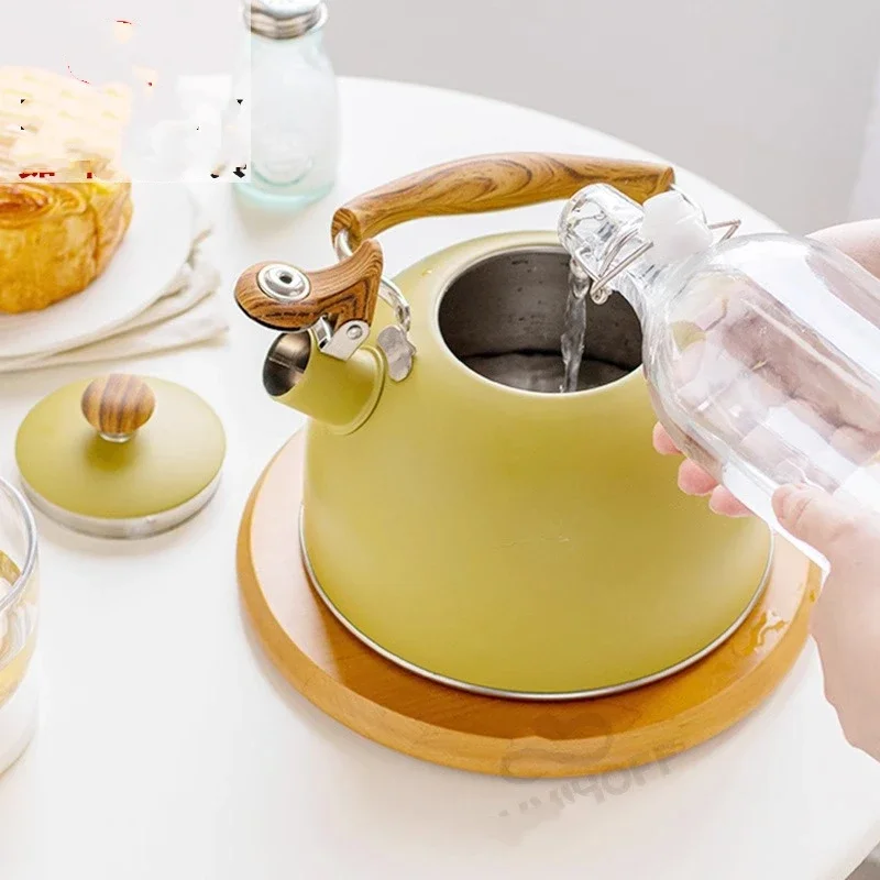 Outdoor large-capacity gas kettle with horn, stainless steel for boiling water and brewing tea.