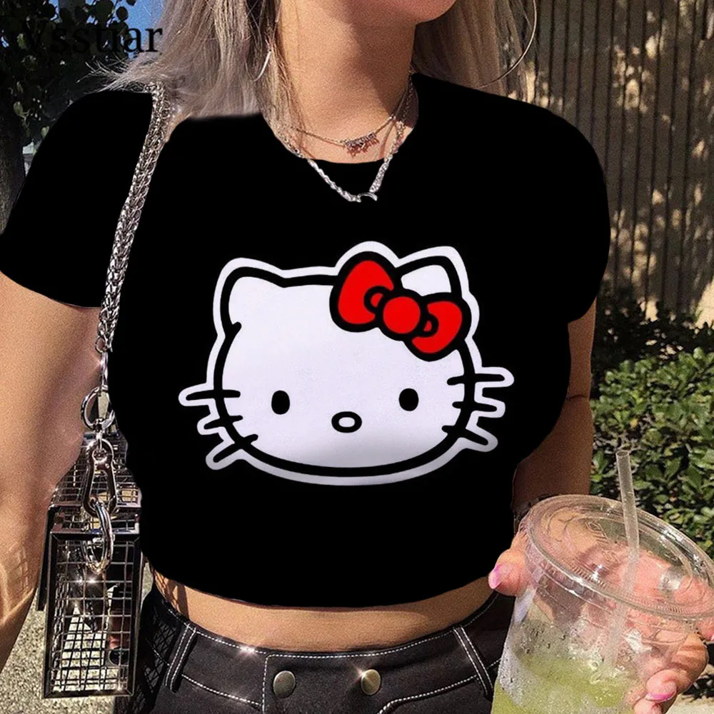 Summer Aesthetic Patchwork Crop Top Women Vintage Punk Hello Kitty Print Short Sleeve T-Shirt Sexy style Y2k Clothes Pink Tee image 5