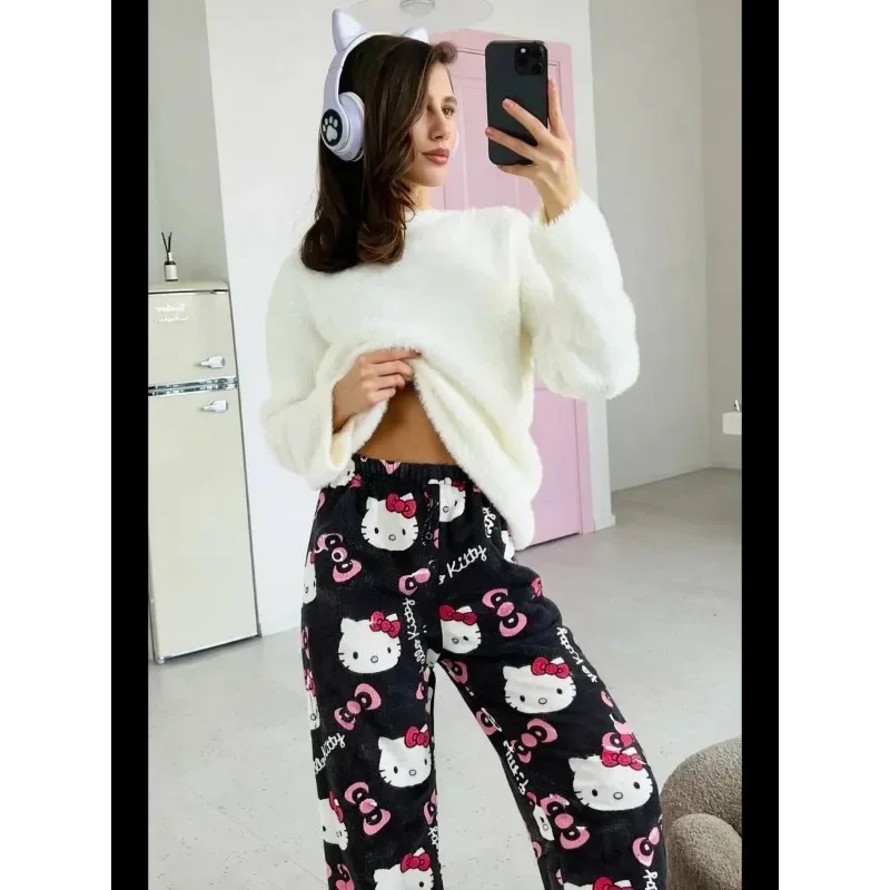 Women Hello Kitty Black Loose Fit Kawaii Casual Sleep Trousers Warm Home BottomsPink Bow Flannel Pants Y2K Oversized Soft Fuzzy