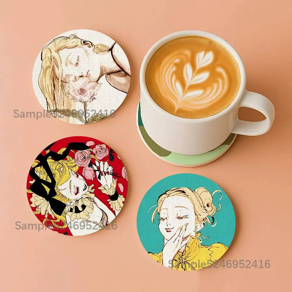 

V-Veil Emma Aleksander Anime Round Wooden Coasters Heat Resistant Non-slip Drink Cafe Decoration 2D Flat Color Print Set