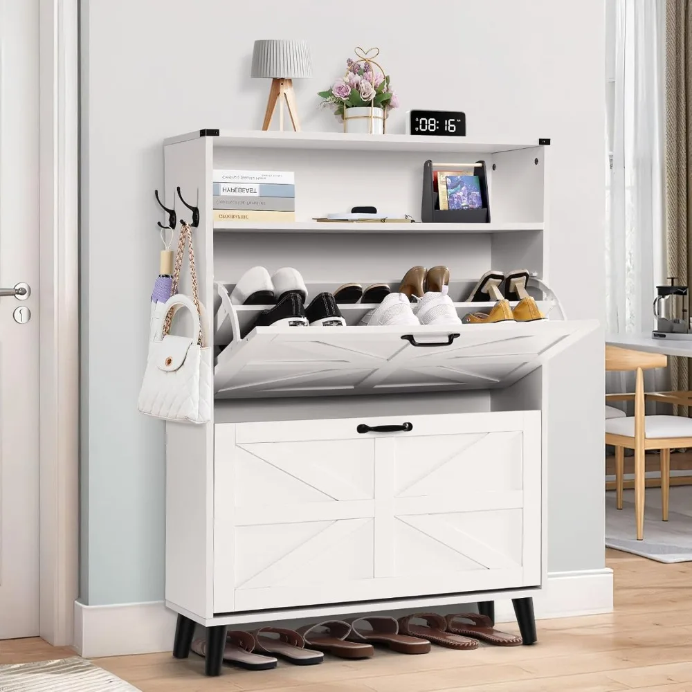 

Shoe Storage Cabinet for Entryway - Narrow Shoe Rack Cabinet with 2 Flip Drawers, Shoe Organizer with Adjustable Shelves Free St