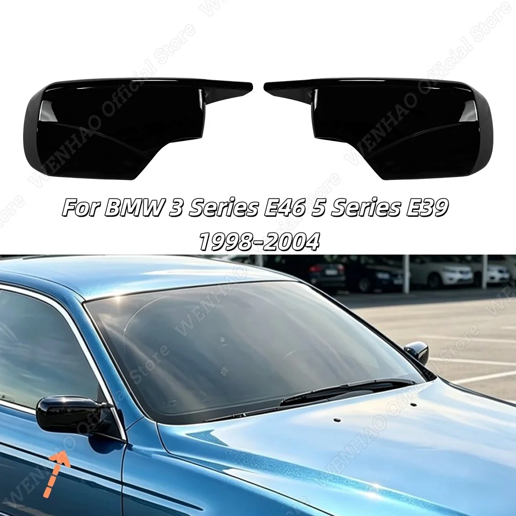 1Pair Glossy Black Car Color Horn For BMW 3 Series E46 5 Series E39 1998–2004  Rearview Side Mirror Cover Caps Styling Tuning