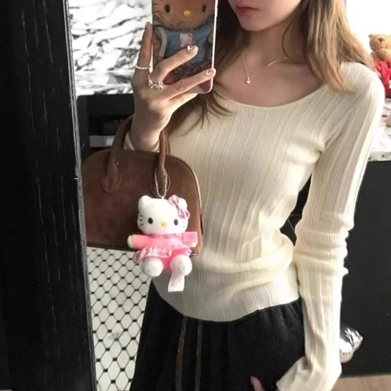 

Женские вязаные свитера-пуловеры: Новые облегающие модели с круглым вырезом, топы с длинным рукавом, трикотаж Q3472