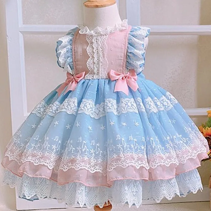 Baby girl summer Spanish lolita vintage vest ball gown dress kids lace mesh stitching bow Turkey birthday party dress