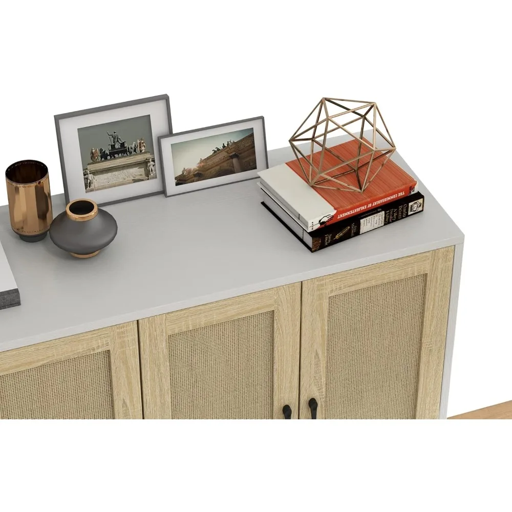 خزانة بوفيه بانانا مزينة بالروطان مع 4 أبواب لغرفة المعيشة والمطبخ، أبيض، 48.43 × 34.65 × 15