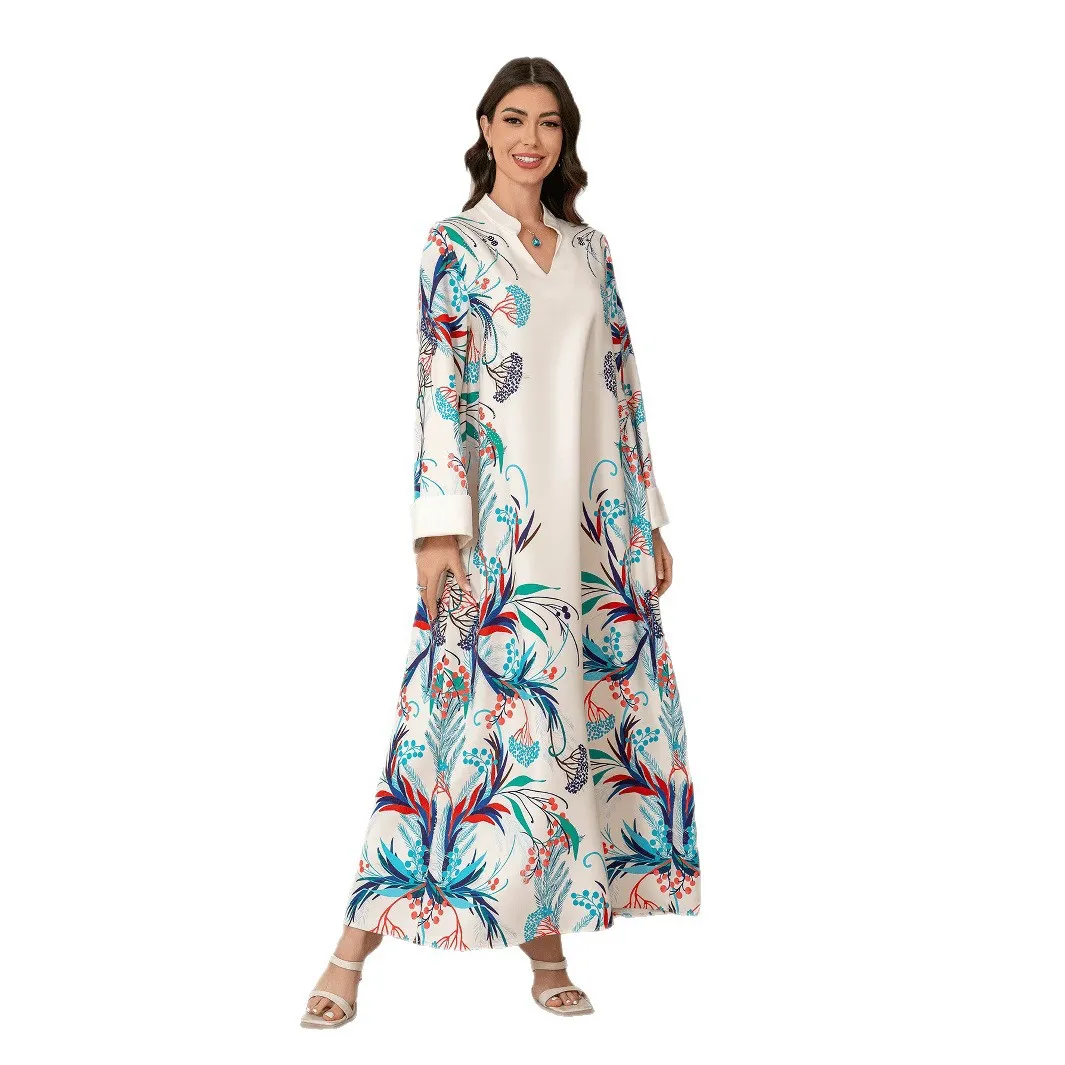 

Трансграничный мусульманский халат на Ближнем Востоке, женское платье с v-образным вырезом и принтом, платье Абая из Саудовской Абая cw43108