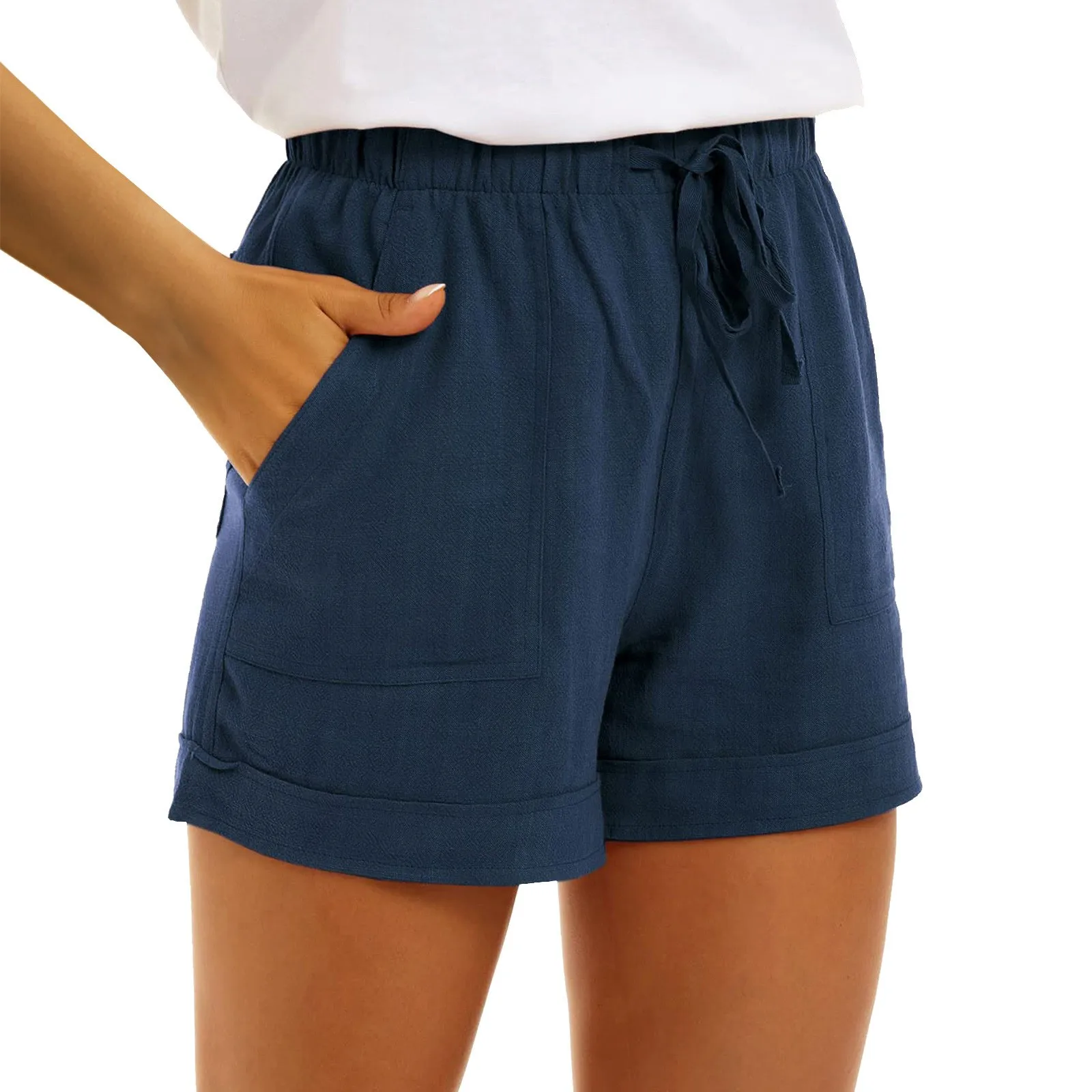 

Women Shorts Summer Solid Color Sport Casual Breathable Cotton Linen Short Pants Elastic High Rise Drawstring Shorts With Pocket