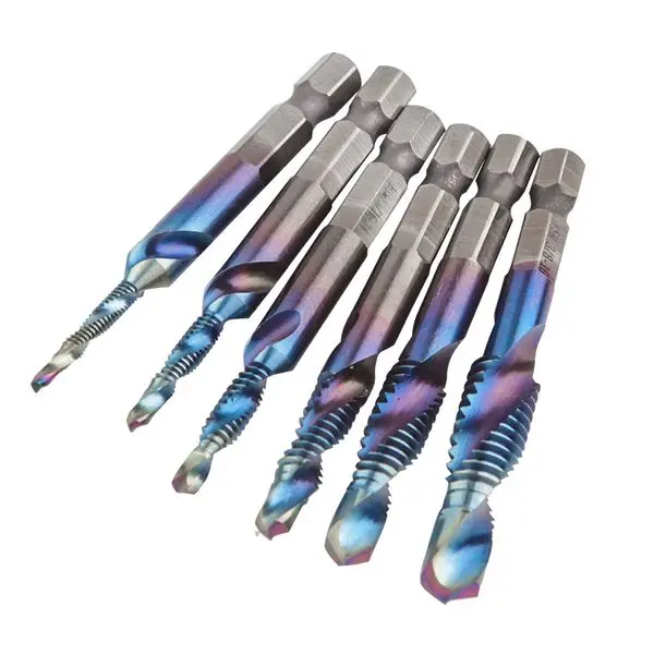 6Pcs M3-M10 Hex Shank Titanium Plated HSS Screw Thread Metric Tap Drill Bits Screw Machine Compound Thread Hand Tools