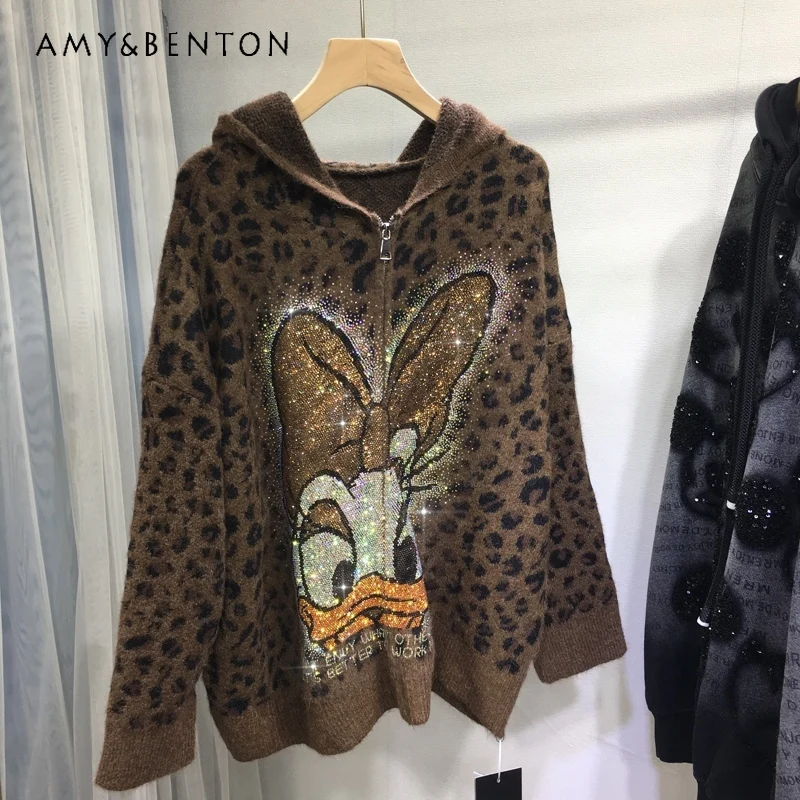 

Rhinestone Leopard Cartoon Cardigan Loose Oversized Thickened Warm Knitted Sweater Jacket Autumn Winter Zipper Hooded Knitwear