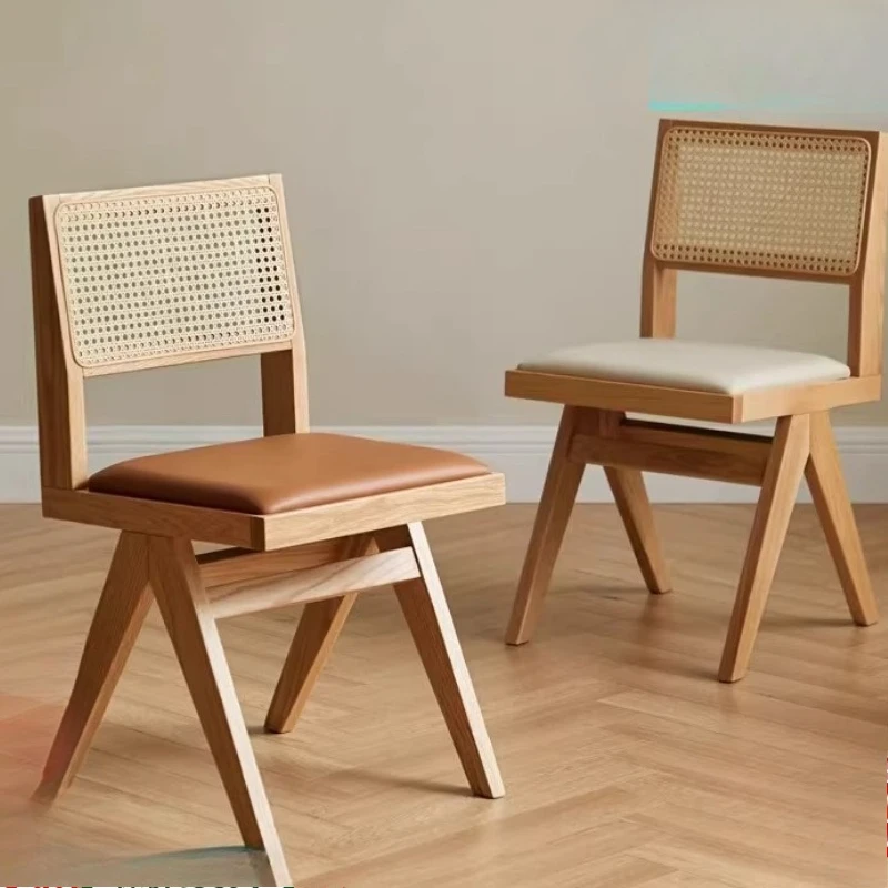 Nordic Solid Wood Dining Chair with Rattan Back, Upholstered Seat for Home & Cafe, Comfortable Aesthetic Home Decor