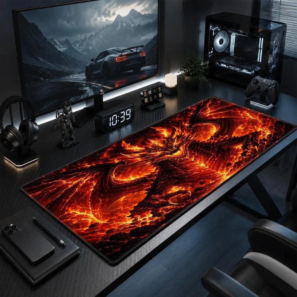 Fiery Dragon Game Mat and Mouse Pad - Epic Fantasy Style, Soft Surface Anti-Spatter Flame Theme Mat desk accessories