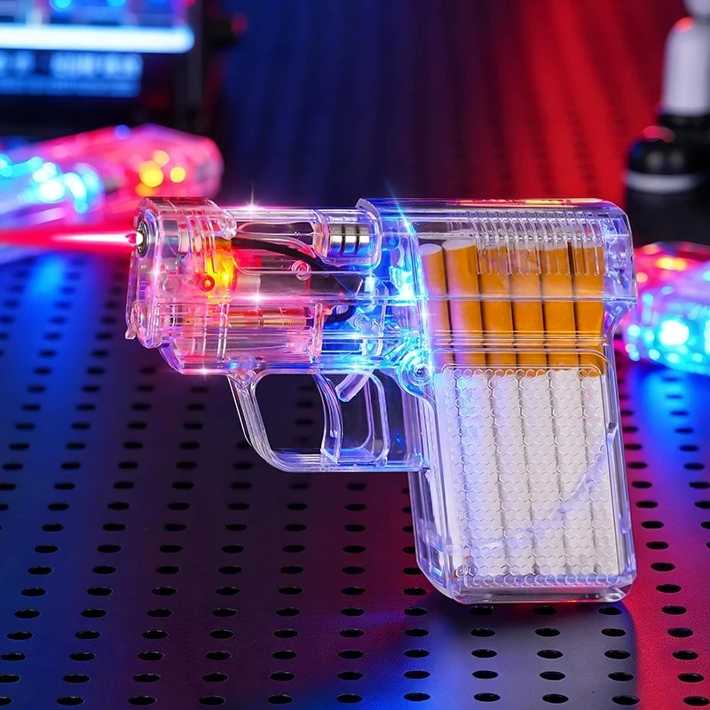 Windproof and Cool Colorful Light Gun Shaped Cigarette Box Integrated Inflatable Lighter, Transparent Luminous Jet Flame Lighter