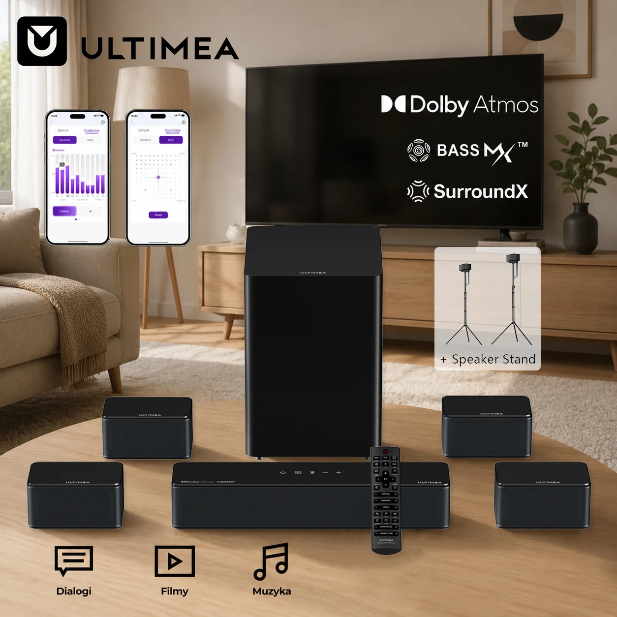 ULTIMEA 500W 7.1 Dolby Atmos Soundbar für Smart TV, 4 Surround-Lautsprecher & Kabelloser Subwoofer, Heimkino Bluetooth-Lautsprecher, Bass-Boost, Unterstützt HDMI EARC, App-Steuerung