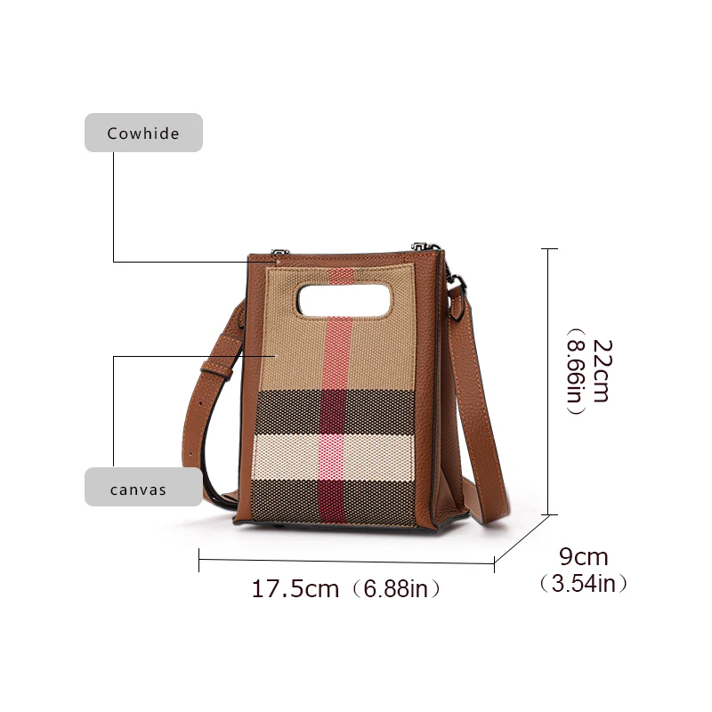 Modna damska torebka w kratkę Aidrani, wykonana z płótna i materiałów ze skóry bydlęcej, w kolorze karmelowym, mini ręczna torba crossbody