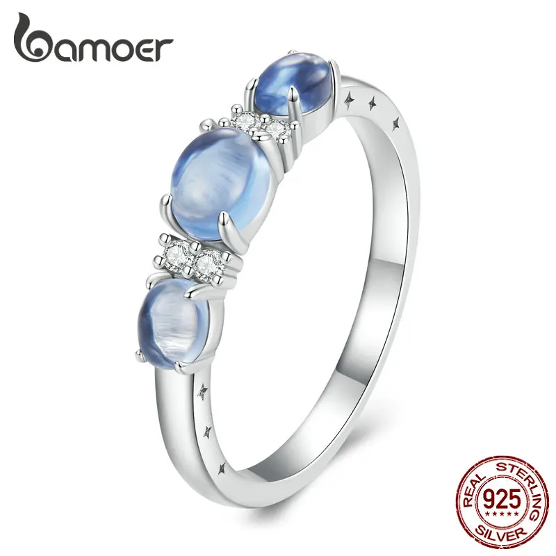 BAMOER Solid 925 Sterling Silver Rings for Women Round Cut Three-Stone Rings for Engagement Wedding Fine Jewelry BSR427