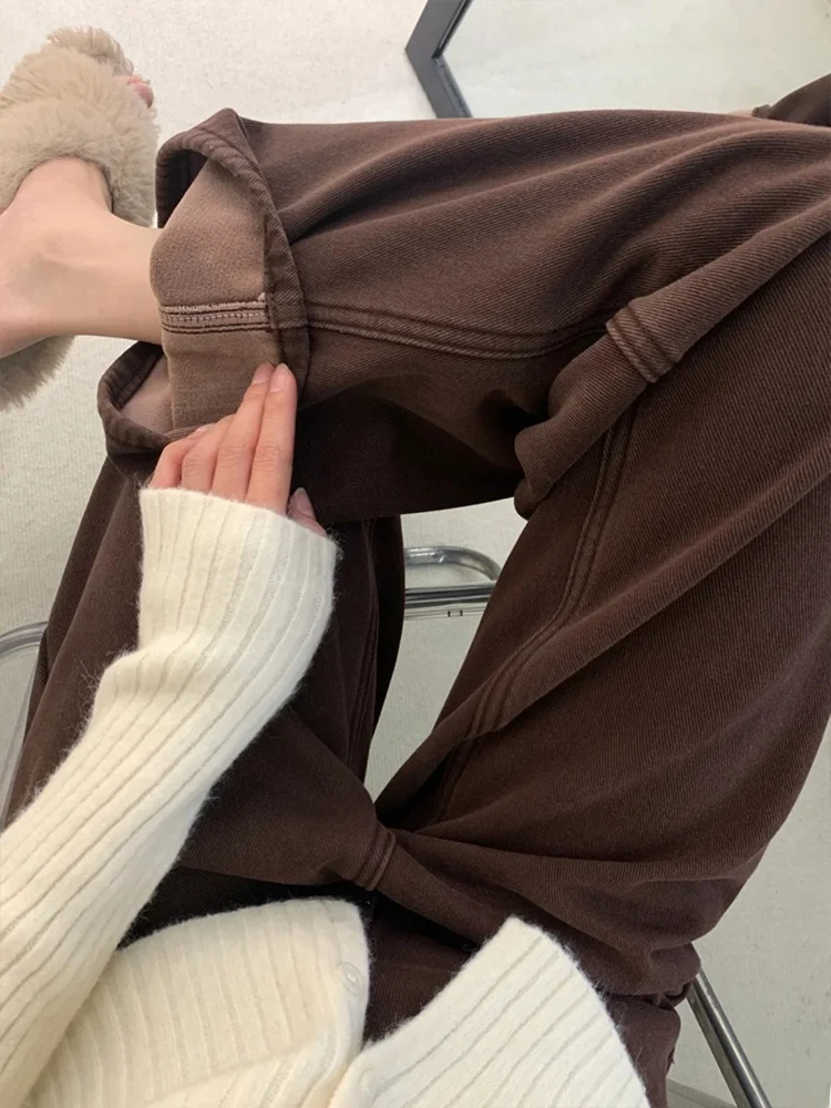 

Женские широкие джинсы больших размеров с высокой талией на подкладке, осень-зима, свободные прямые длинные брюки, повседневная одежда