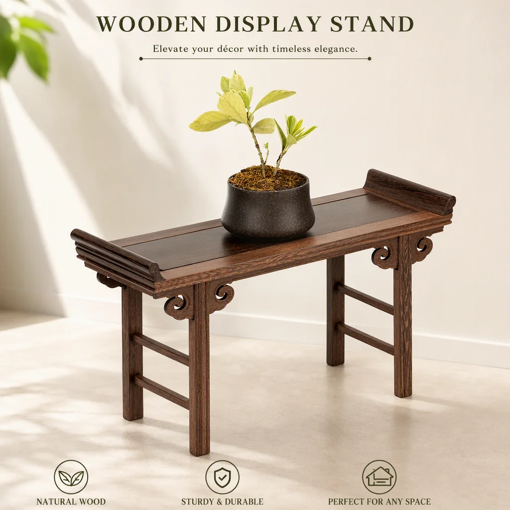 Low-Height Wooden Tea Table with Carved Detailing – Compact Display Stand for Teaware, Coffee Accessories & Decor