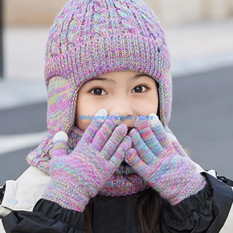 X4YC Trẻ Mùa Đông Mũ Găng Tay Khăn Bộ Bé Gái Thời Trang Bé Trai Với Earflaps Giữ Ấm Cổ Tem Mạc Găng Tay Hở Ngón Ấm