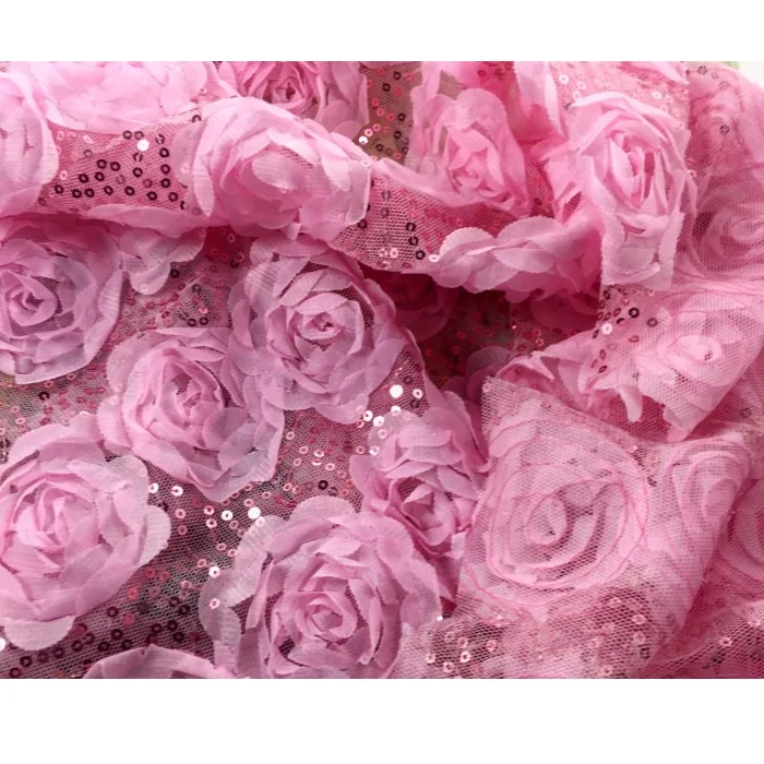 Pink Bead 3D Rose Plate Flower Lace Fabric For Wedding