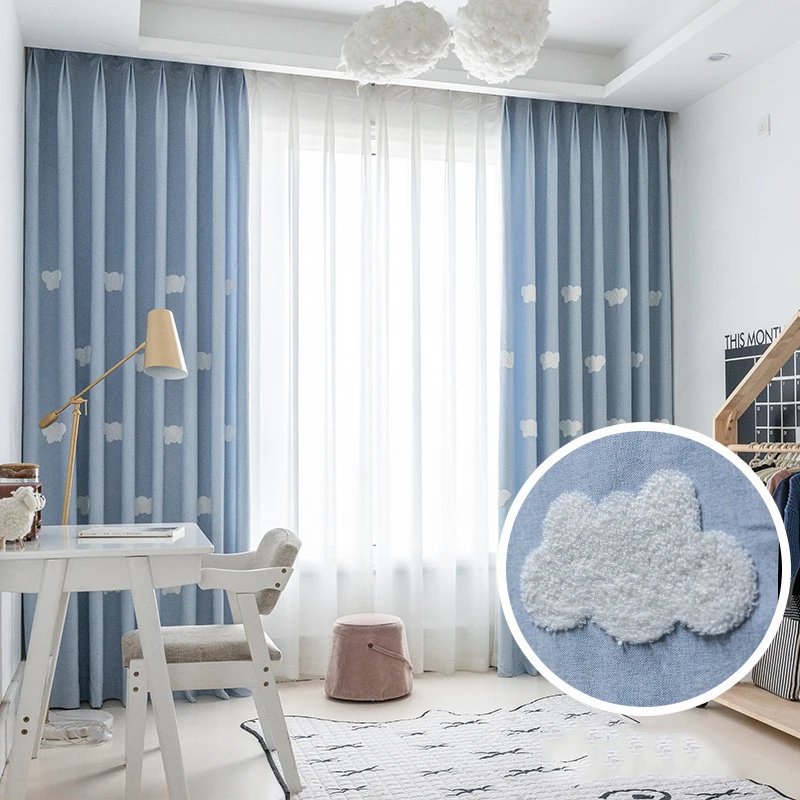 

1PC Cartoon 3D Cloud Blue Blackout Curtains For Children's Room Boys And Girls , Kid Curtains For Bedroom Baby Blue,Home Curtain