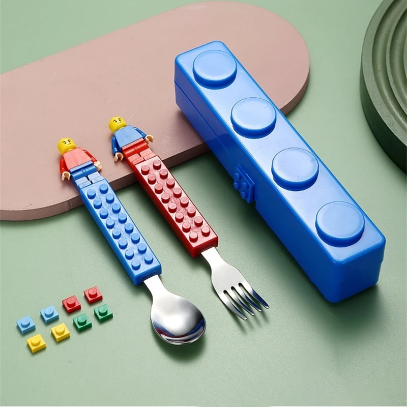 Children Building Block Fork Spoon Set With Storage Box Children Stainless Steel Tableware Jigsaw Toys Utensils Children Gifts