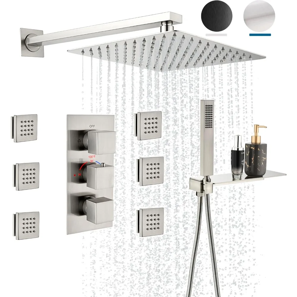 Brushed Nickel Bathroom Shower System, 12 Inch Thermostatic Bathroom Mixer Shower Faucet Set, Wall Mounted Rain Shower Head