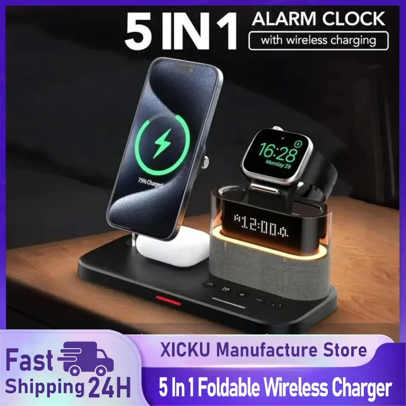 

5 In 1 Multifunctional Magnetic Wireless Charger Stand RGB LED Night Light Alarm Clock for iPhone Samsung Xiaomi Fast Charging