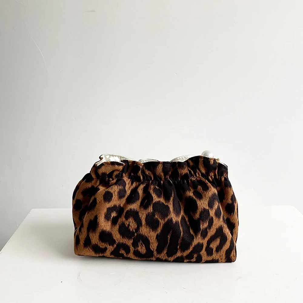 Fashion Women Pearl Zipper Makeup Bag Large Capacity Toiletry Travel Organizer Pouch Ladies Leopard Printed Make Up Bags Gift