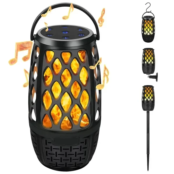 

Уличная колонка 4-в-1 с Bluetooth 5.3, водонепроницаемая IPX5, с LED-эффектом пламени и 3 режимами подсветки
