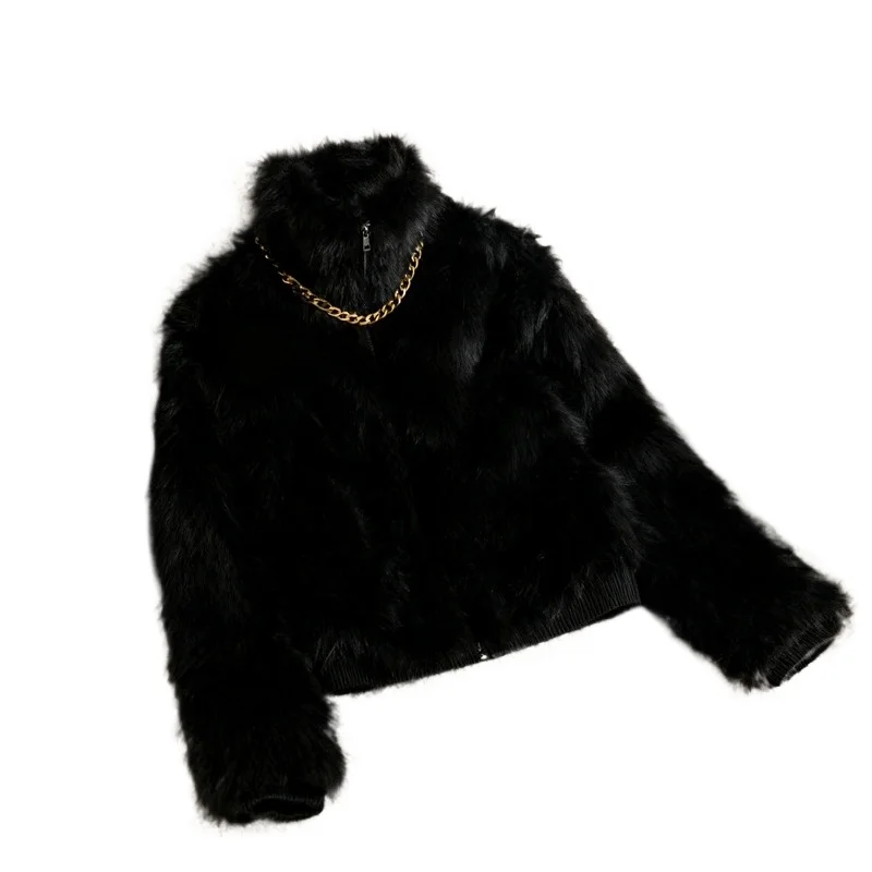 

Черная куртка-бомбер из искусственного меха для женщин — высокий воротник, застежка-молния, мягкая пушистая текстура, стильное пальто для холодной погоды