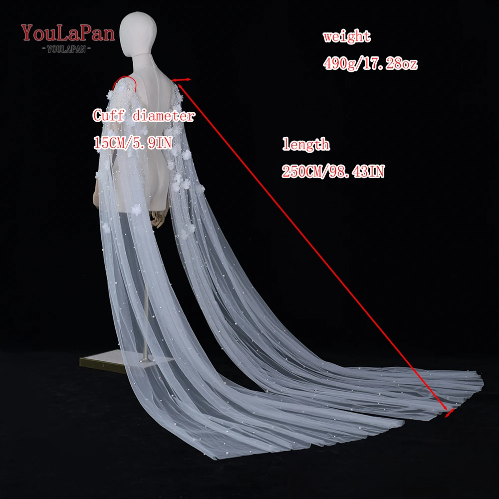 YouLaPan VG110 3D Flowers Wedding Dress Bolero Removable Bridal Cape DIY Long Cloak White Jacket Woman Wedding Cathedral Droped